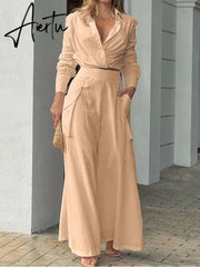 Shirt Long Pants Suits 2 Piece Set Women Long Sleeve Shirt Wide Leg Pants Casual White Spring Summer Outfits  New Aiertu