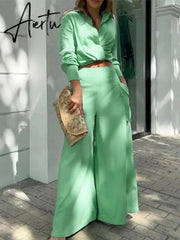Shirt Long Pants Suits 2 Piece Set Women Long Sleeve Shirt Wide Leg Pants Casual White Spring Summer Outfits  New Aiertu