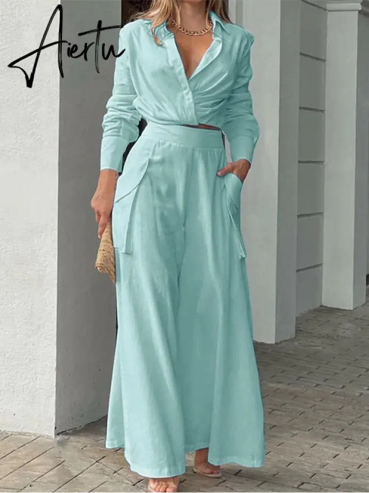 Shirt Long Pants Suits 2 Piece Set Women Long Sleeve Shirt Wide Leg Pants Casual White Spring Summer Outfits  New Aiertu
