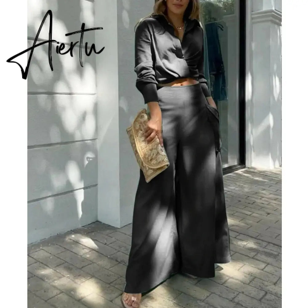 Shirt Long Pants Suits 2 Piece Set Women Long Sleeve Shirt Wide Leg Pants Casual White Spring Summer Outfits  New Aiertu