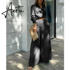 Shirt Long Pants Suits 2 Piece Set Women Long Sleeve Shirt Wide Leg Pants Casual White Spring Summer Outfits  New Aiertu