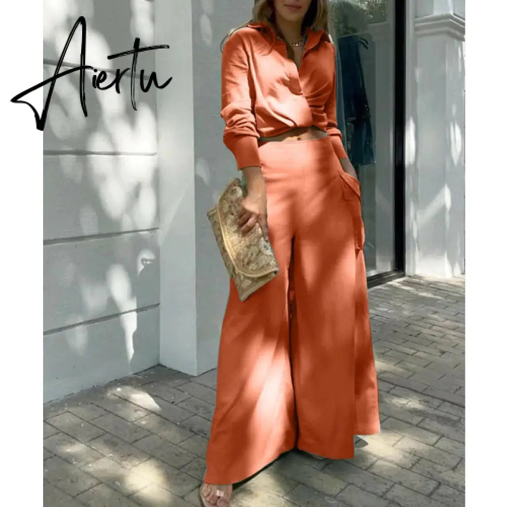 Shirt Long Pants Suits 2 Piece Set Women Long Sleeve Shirt Wide Leg Pants Casual White Spring Summer Outfits  New Aiertu