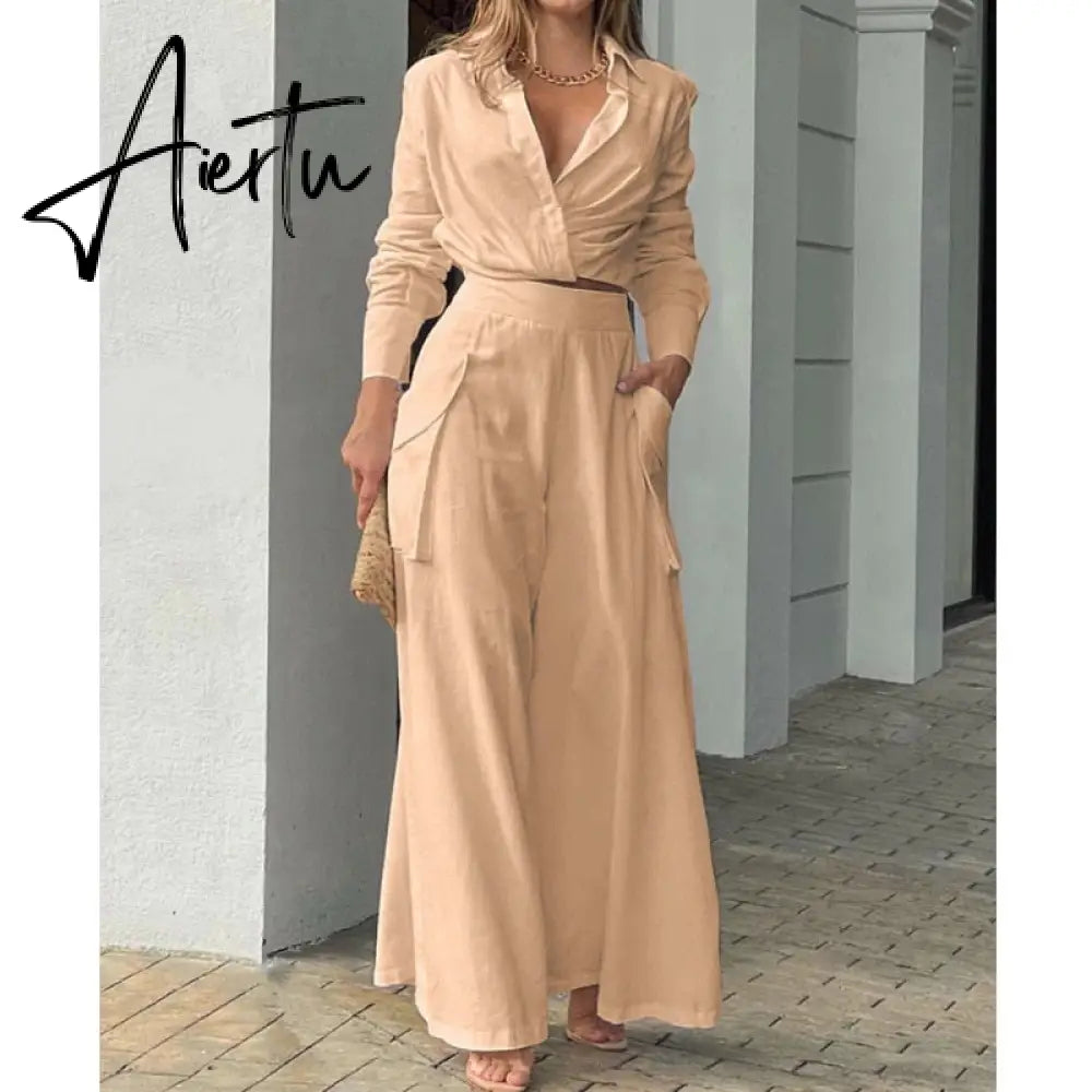 Shirt Long Pants Suits 2 Piece Set Women Long Sleeve Shirt Wide Leg Pants Casual White Spring Summer Outfits New Aiertu