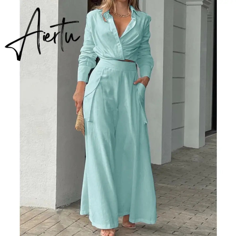 Shirt Long Pants Suits 2 Piece Set Women Long Sleeve Shirt Wide Leg Pants Casual White Spring Summer Outfits  New Aiertu