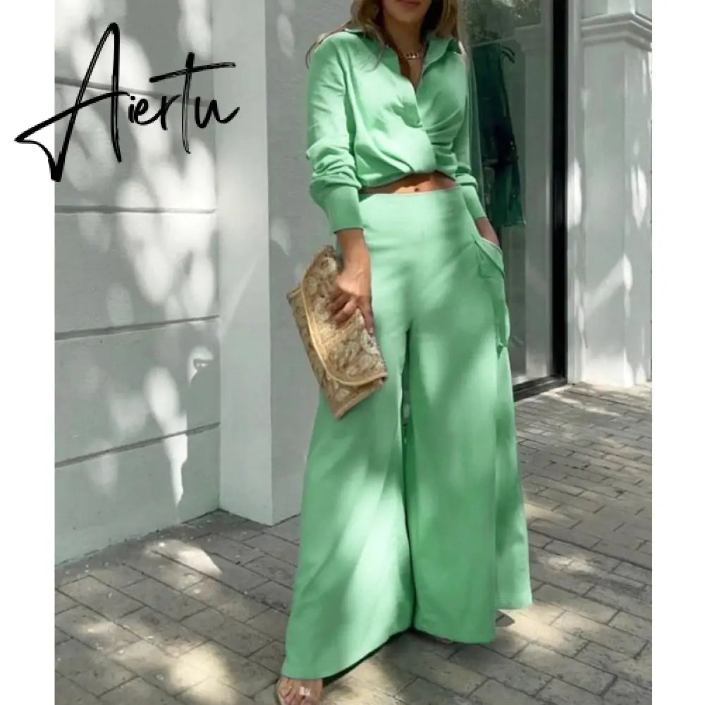 Shirt Long Pants Suits 2 Piece Set Women Long Sleeve Shirt Wide Leg Pants Casual White Spring Summer Outfits  New Aiertu