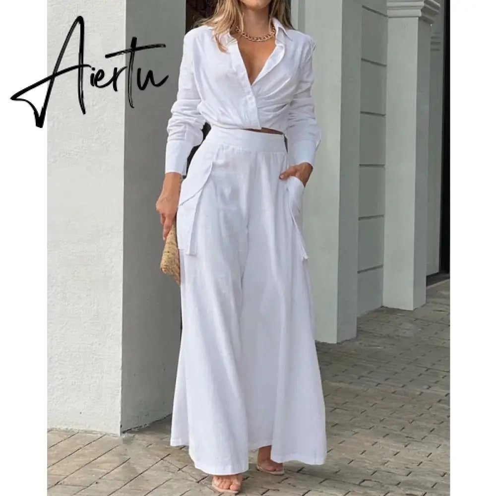 Shirt Long Pants Suits 2 Piece Set Women Long Sleeve Shirt Wide Leg Pants Casual White Spring Summer Outfits New Aiertu