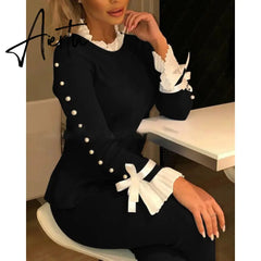 Shirts Bowknot Buttoned Cuff Slim Blouse Autumn Long Sleeve Women Tops Casual Elegant Knit Wild Office Splicing Blouses Aiertu