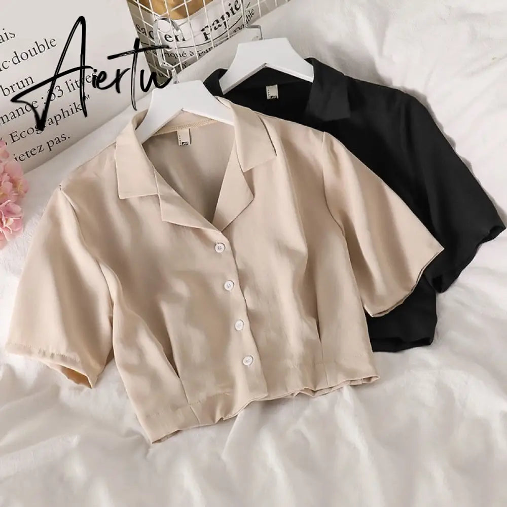 Shirts Women Notched Crop Top Simple New Summer Ladies All-match Chic Elegant Ulzzang Harajuku Fashion Solid Chiffon Design Slim Aiertu