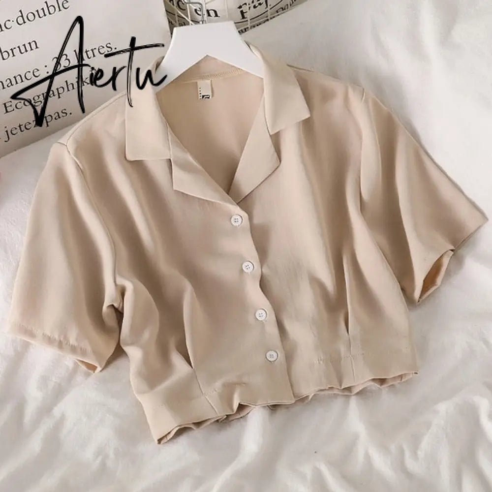 Shirts Women Notched Crop Top Simple New Summer Ladies All-match Chic Elegant Ulzzang Harajuku Fashion Solid Chiffon Design Slim Aiertu