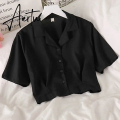 Shirts Women Notched Crop Top Simple New Summer Ladies All-match Chic Elegant Ulzzang Harajuku Fashion Solid Chiffon Design Slim Aiertu