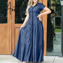 Short Sleeve Female Dress With Pockets Loose Big Swing Clothing Denim Elegant Casual Outfits Solid Color Long Dresses Plus Size Aiertu
