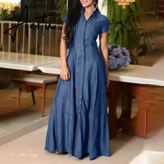 Short Sleeve Female Dress With Pockets Loose Big Swing Clothing Denim Elegant Casual Outfits Solid Color Long Dresses Plus Size Aiertu
