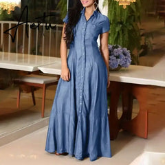 Short Sleeve Female Dress With Pockets Loose Big Swing Clothing Denim Elegant Casual Outfits Solid Color Long Dresses Plus Size Aiertu