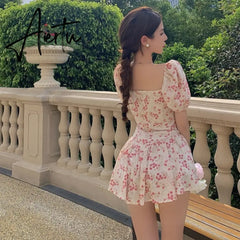 Short Sleeve Floral Dress Mini Sexy Women  Puff Sleeve Dress Vintage Slim French Square Collar New Summer Femme Clothes Aiertu