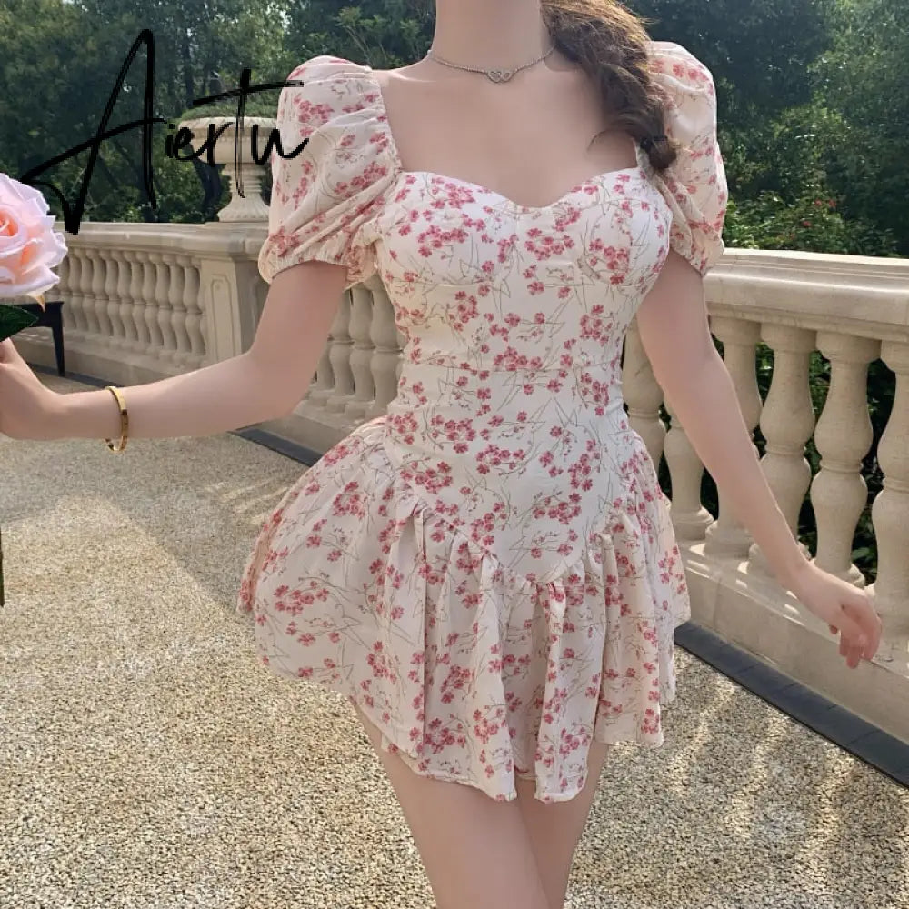 Short Sleeve Floral Dress Mini Sexy Women  Puff Sleeve Dress Vintage Slim French Square Collar New Summer Femme Clothes Aiertu