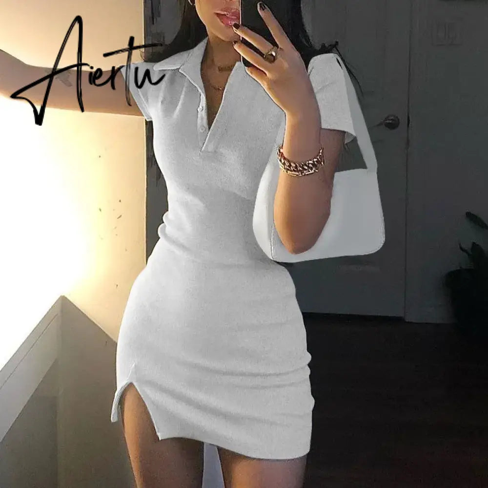 Short Sleeve Slit Sexy Mini Dress Summer Women Fashion Streetwear Outfits Cute Solid Y2K Party Clothing Aiertu