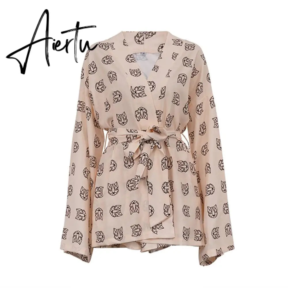 Shorts Set Homewear Fashion Loose Print 2 Piece Sets Womens Outfits Casual Lace Up Long Sleeve Robes With High Waist Pajama Aiertu
