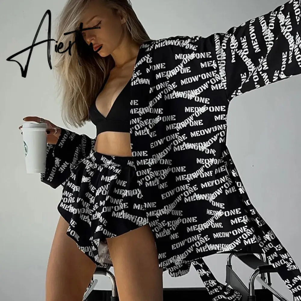 Shorts Set Homewear Fashion Loose Print 2 Piece Sets Womens Outfits Casual Lace Up Long Sleeve Robes With High Waist Pajama Aiertu