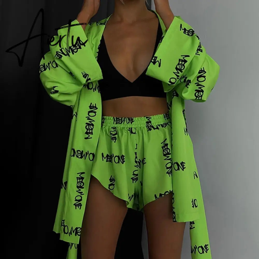 Shorts Set Homewear Fashion Loose Print 2 Piece Sets Womens Outfits Casual Lace Up Long Sleeve Robes With High Waist Pajama Aiertu