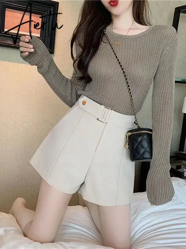 Shorts Women Elegant Korean Style Trendy Office Simple High Waist All-match Mature Tender Ladies Spring Pure Color New Design Aiertu
