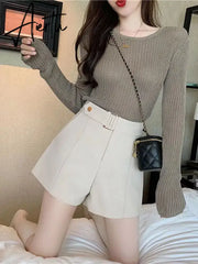 Shorts Women Elegant Korean Style Trendy Office Simple High Waist All-match Mature Tender Ladies Spring Pure Color New Design Aiertu