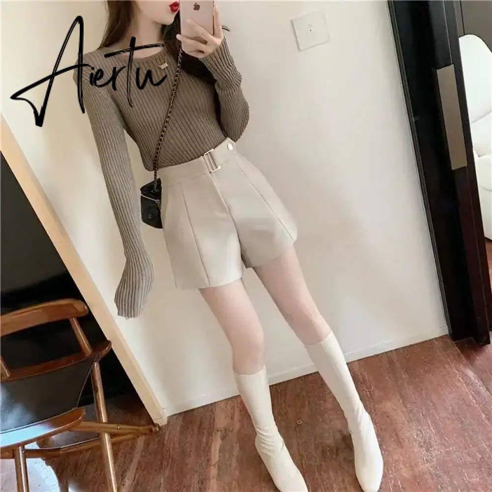 Shorts Women Elegant Korean Style Trendy Office Simple High Waist All-match Mature Tender Ladies Spring Pure Color New Design Aiertu