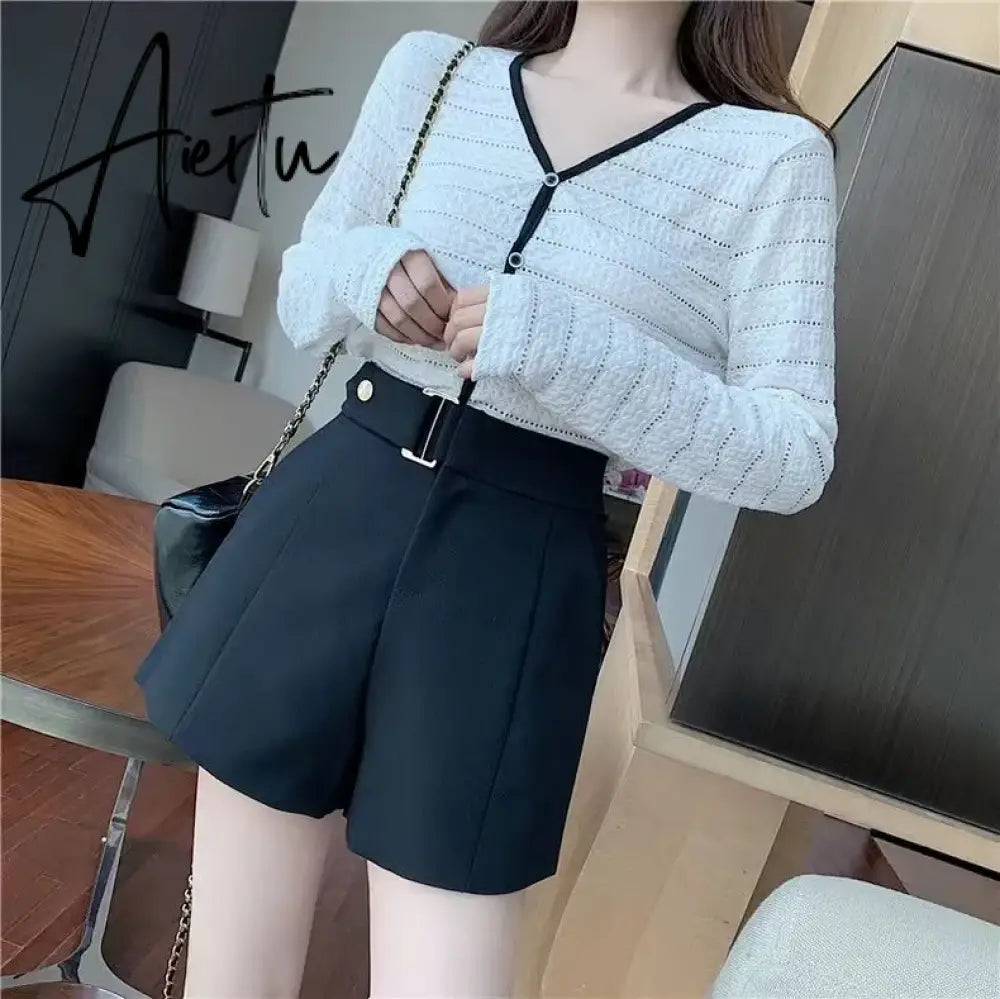 Shorts Women Elegant Korean Style Trendy Office Simple High Waist All-match Mature Tender Ladies Spring Pure Color New Design Aiertu