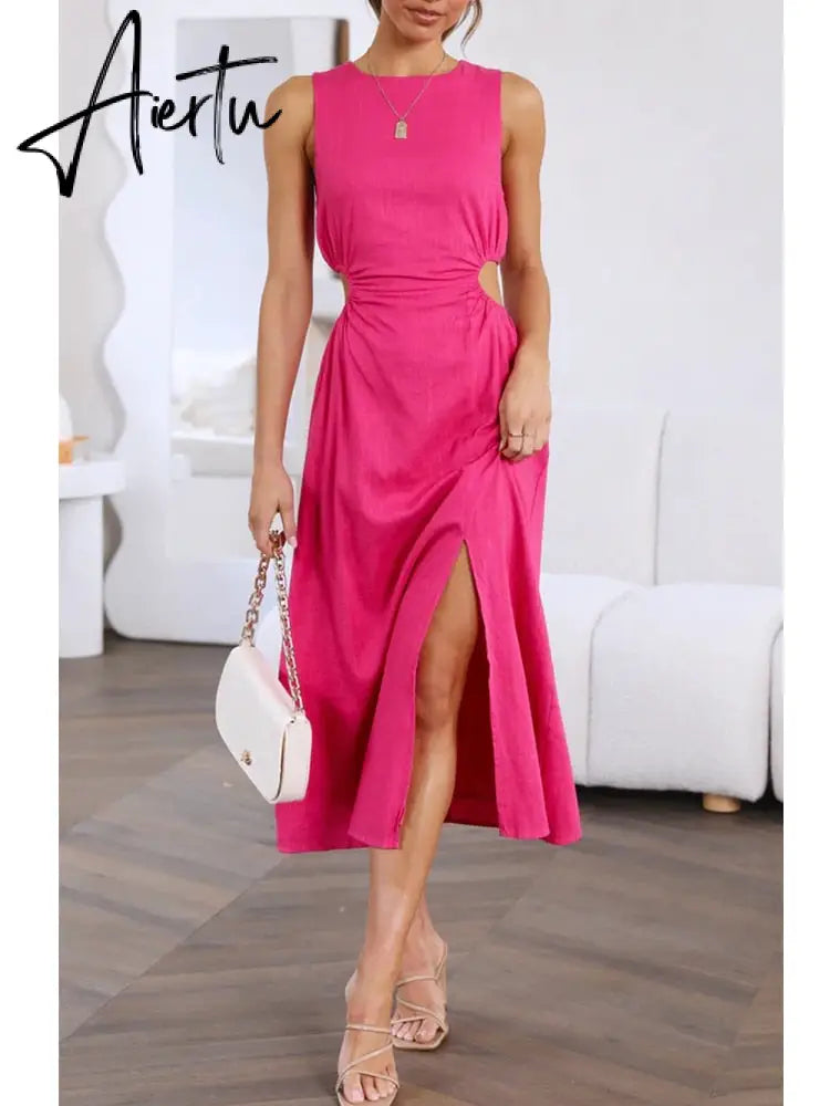 Side Waist Cut Out Back Zip Women Summer Beach Dress Sleeveless Split Midi Tank Rose Red Female Vestido Robe Casual Aiertu