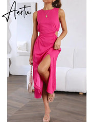 Side Waist Cut Out Back Zip Women Summer Beach Dress Sleeveless Split Midi Tank Rose Red Female Vestido Robe Casual Aiertu
