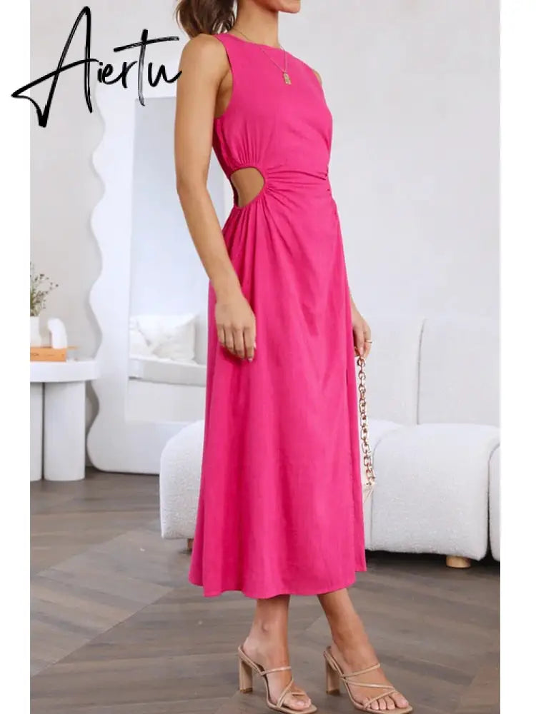 Side Waist Cut Out Back Zip Women Summer Beach Dress Sleeveless Split Midi Tank Rose Red Female Vestido Robe Casual Aiertu