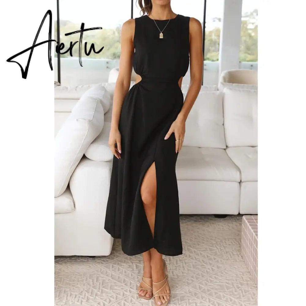 Side Waist Cut Out Back Zip Women Summer Beach Dress Sleeveless Split Midi Tank Rose Red Female Vestido Robe Casual Aiertu