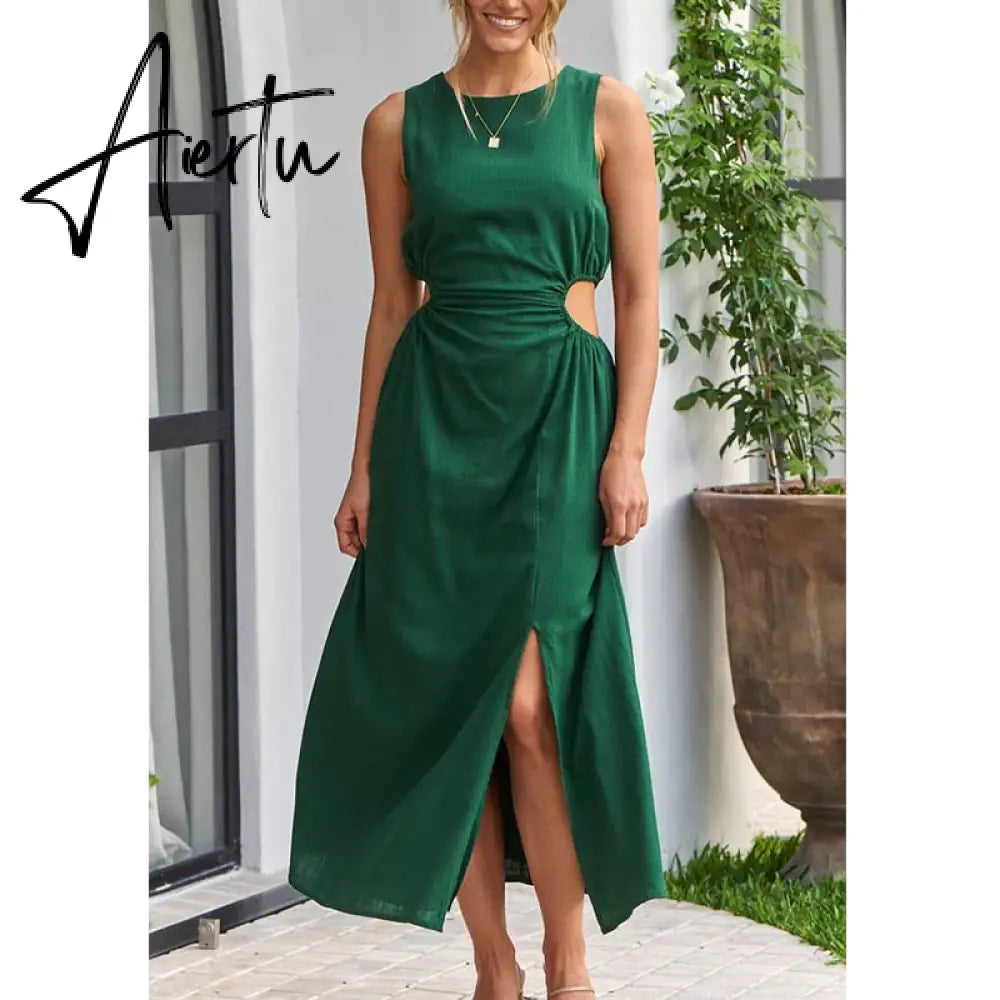 Side Waist Cut Out Back Zip Women Summer Beach Dress Sleeveless Split Midi Tank Rose Red Female Vestido Robe Casual Aiertu
