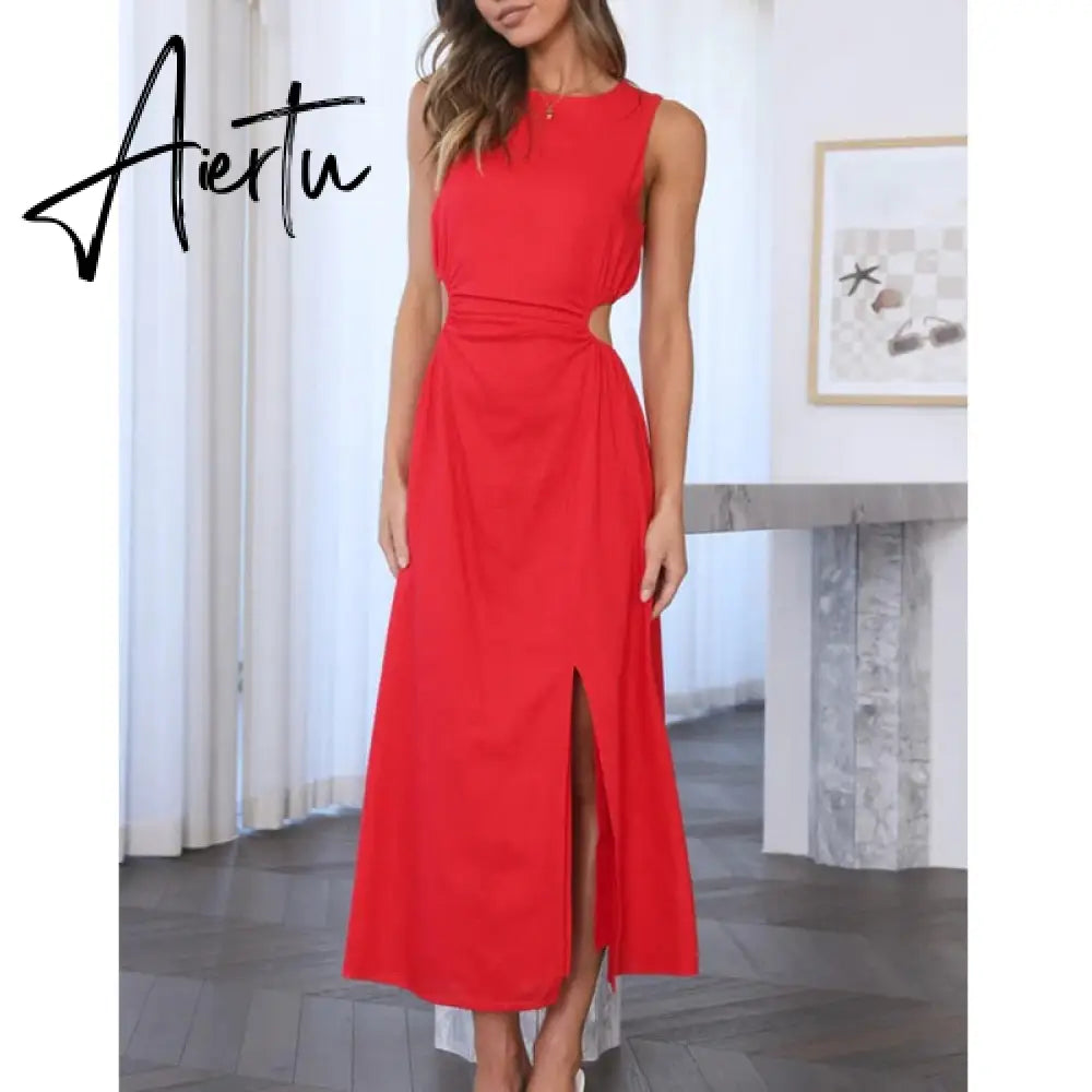 Side Waist Cut Out Back Zip Women Summer Beach Dress Sleeveless Split Midi Tank Rose Red Female Vestido Robe Casual Aiertu
