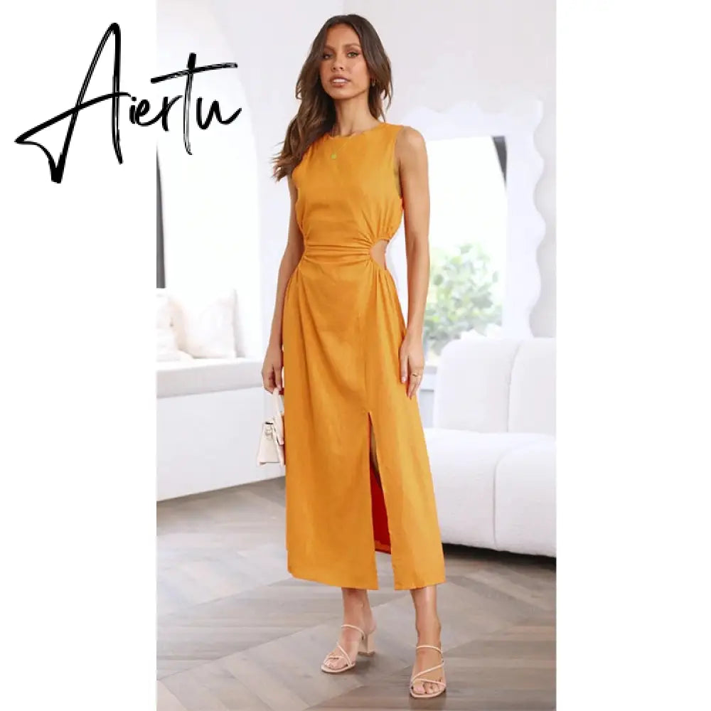 Side Waist Cut Out Back Zip Women Summer Beach Dress Sleeveless Split Midi Tank Rose Red Female Vestido Robe Casual Aiertu