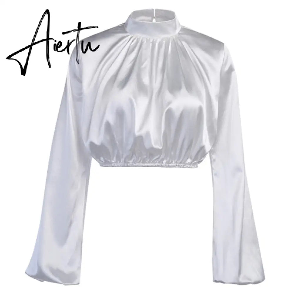 Silk White Black Cropped Top Ladies Blouse Puff Sleeve Ruched Turtleneck Women Long Sleeve Shirt Casual Sexy Loose Top Aiertu