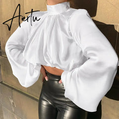 Silk White Black Cropped Top Ladies Blouse Puff Sleeve Ruched Turtleneck Women Long Sleeve Shirt Casual Sexy Loose Top Aiertu