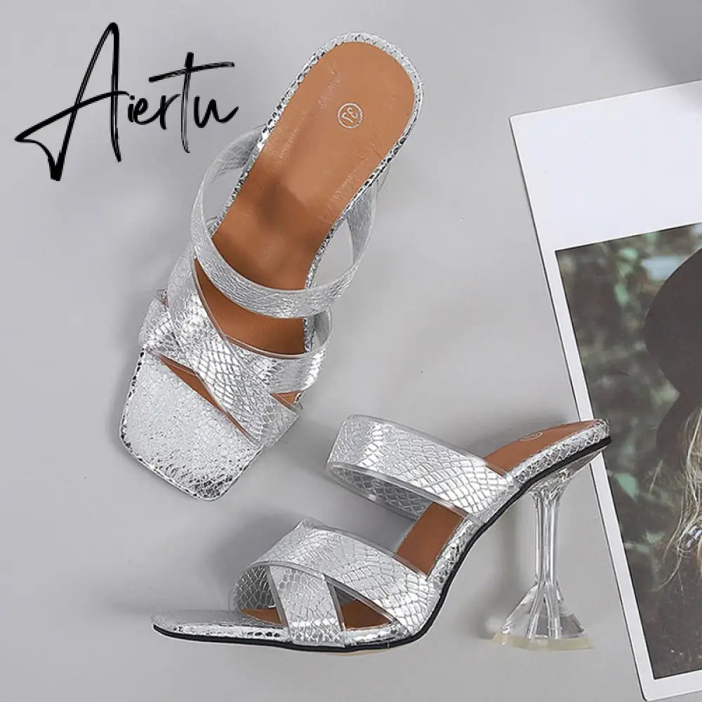Silver Snake Print Womens Slippers Sandals Fashion Square Toe Transparent Strange Heels Mules Party Shoes Female Size 34-46 Aiertu