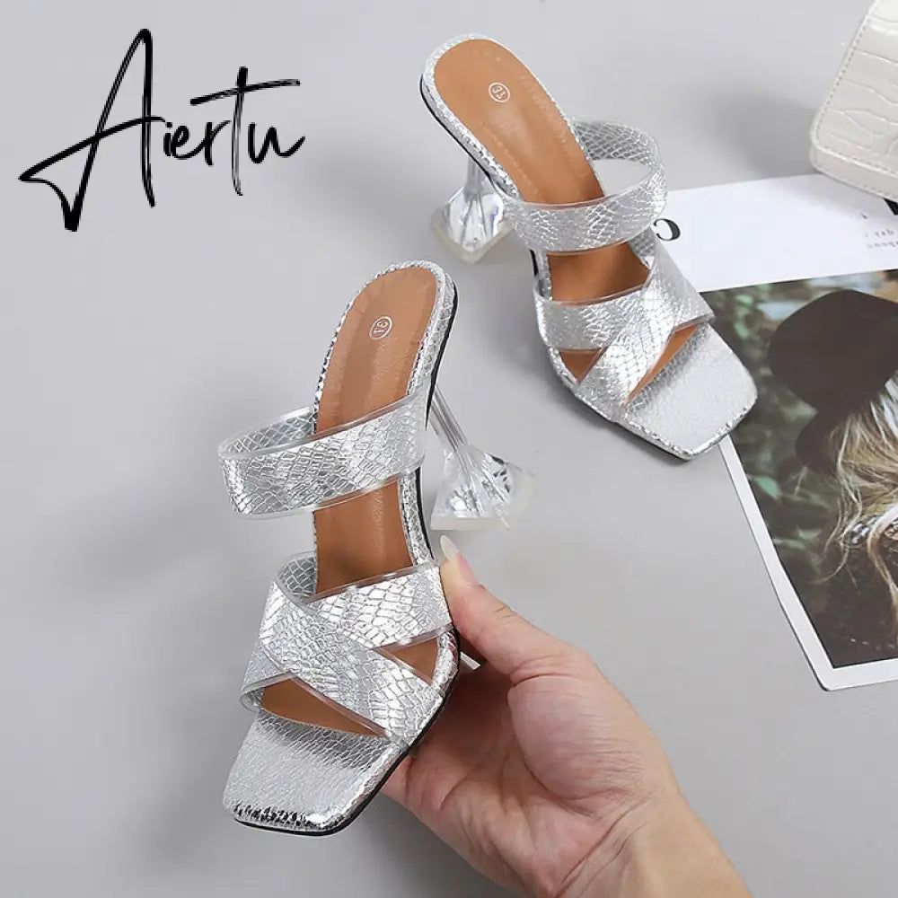 Silver Snake Print Womens Slippers Sandals Fashion Square Toe Transparent Strange Heels Mules Party Shoes Female Size 34-46 Aiertu