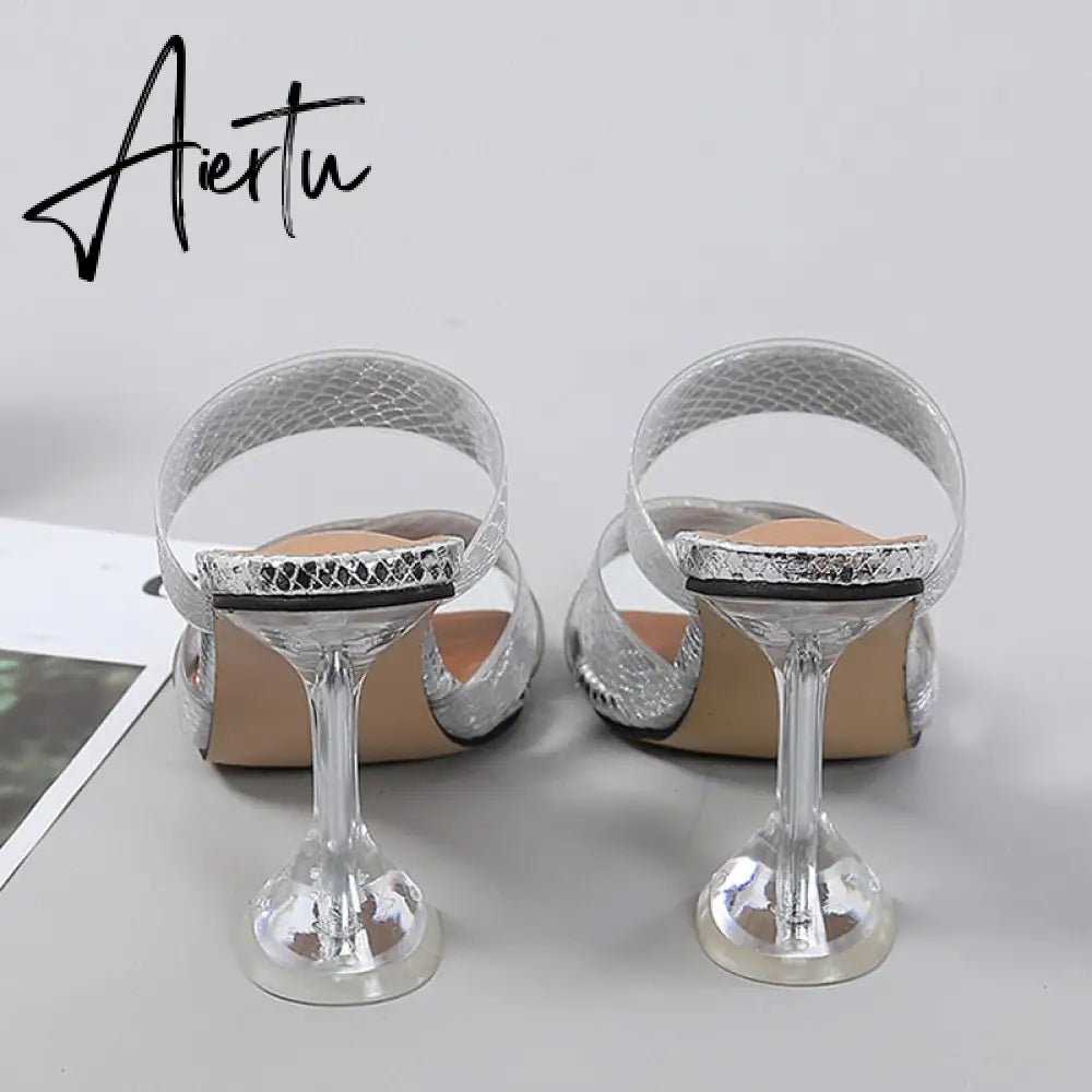 Silver Snake Print Womens Slippers Sandals Fashion Square Toe Transparent Strange Heels Mules Party Shoes Female Size 34-46 Aiertu