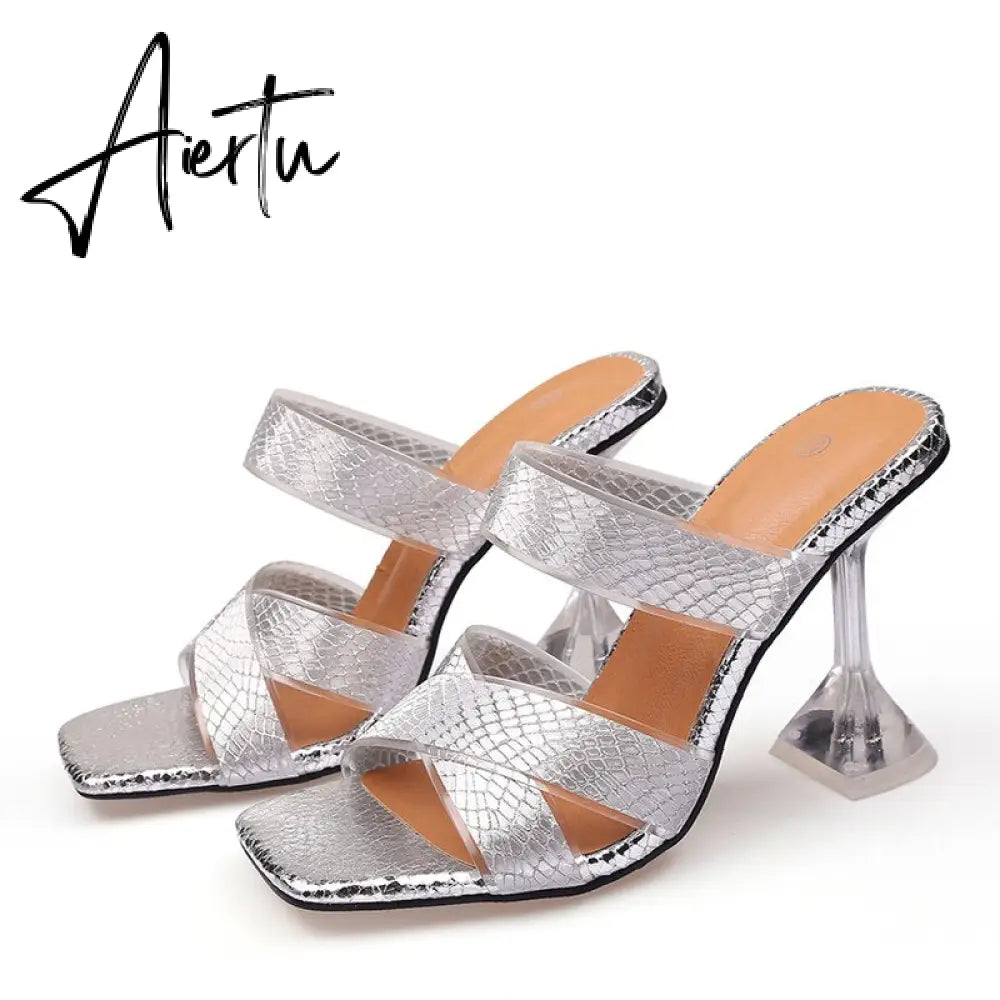 Silver Snake Print Womens Slippers Sandals Fashion Square Toe Transparent Strange Heels Mules Party Shoes Female Size 34-46 Aiertu