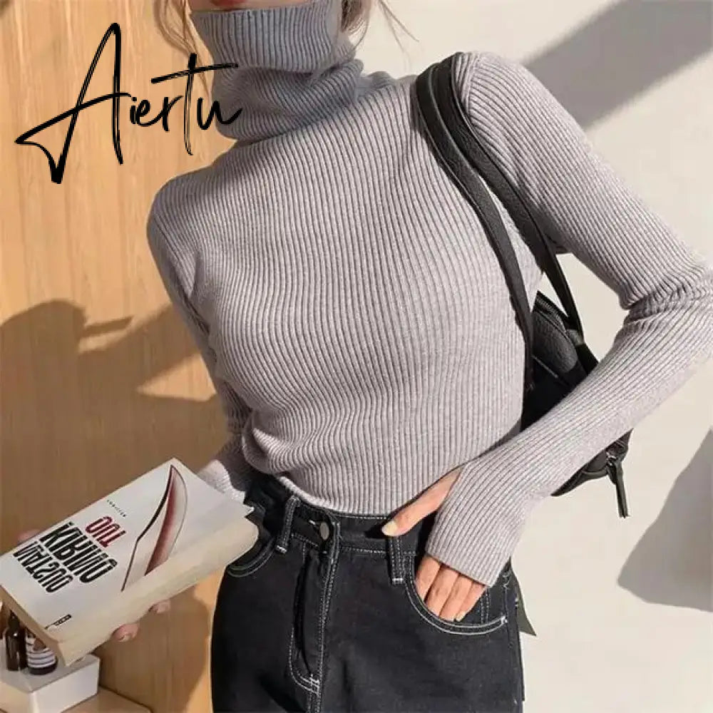 Simple Turtleneck Sweater Women Autumn Winter Casual Solid Color Slim Elastic Knit Pullover Female Soft Warm Jumper Basic Tops Aiertu