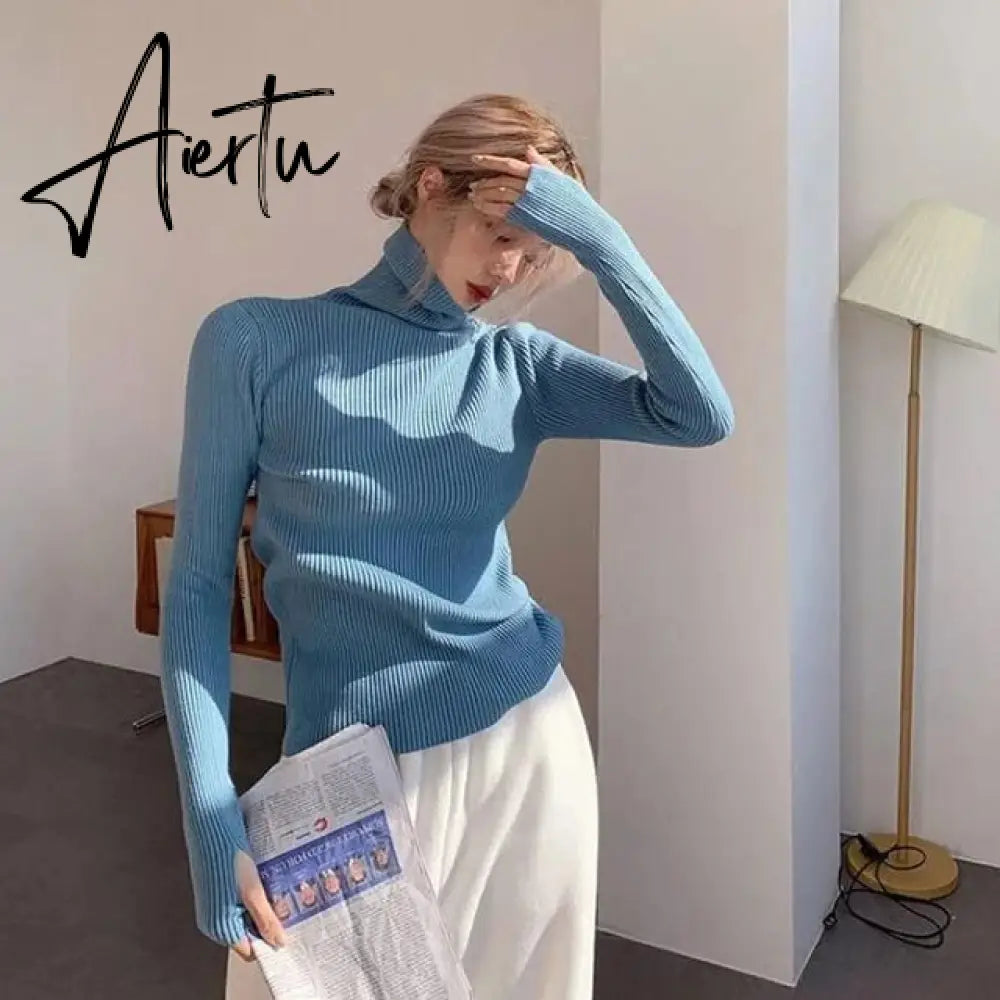 Simple Turtleneck Sweater Women Autumn Winter Casual Solid Color Slim Elastic Knit Pullover Female Soft Warm Jumper Basic Tops Aiertu