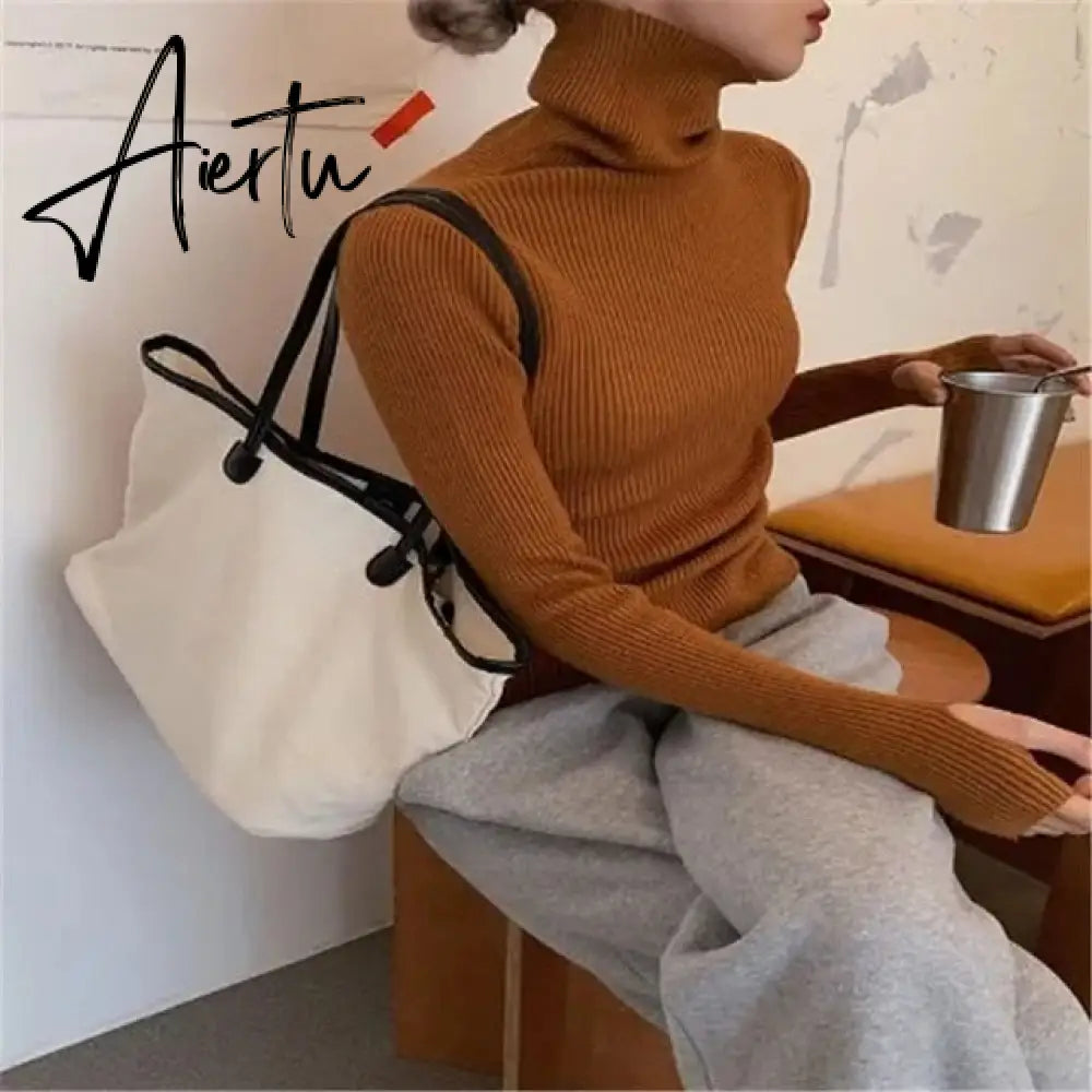 Simple Turtleneck Sweater Women Autumn Winter Casual Solid Color Slim Elastic Knit Pullover Female Soft Warm Jumper Basic Tops Aiertu