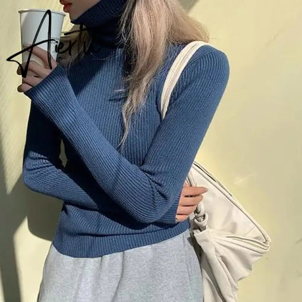 Simple Turtleneck Sweater Women Autumn Winter Casual Solid Color Slim Elastic Knit Pullover Female Soft Warm Jumper Basic Tops Aiertu
