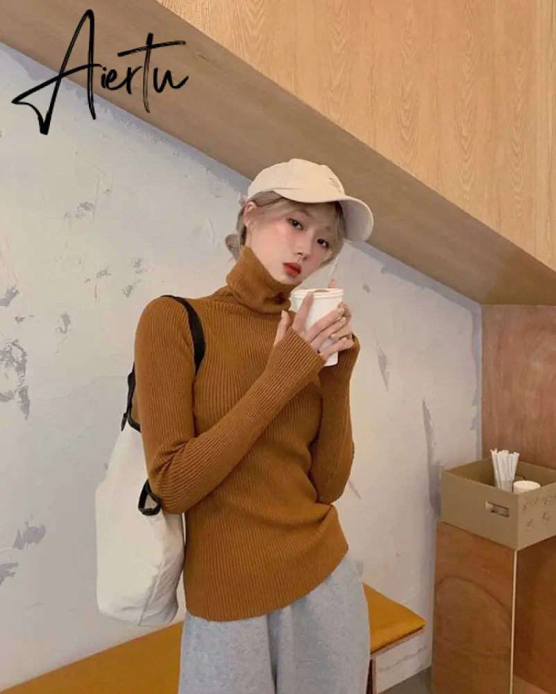 Simple Turtleneck Sweater Women Autumn Winter Casual Solid Color Slim Elastic Knit Pullover Female Soft Warm Jumper Basic Tops Aiertu