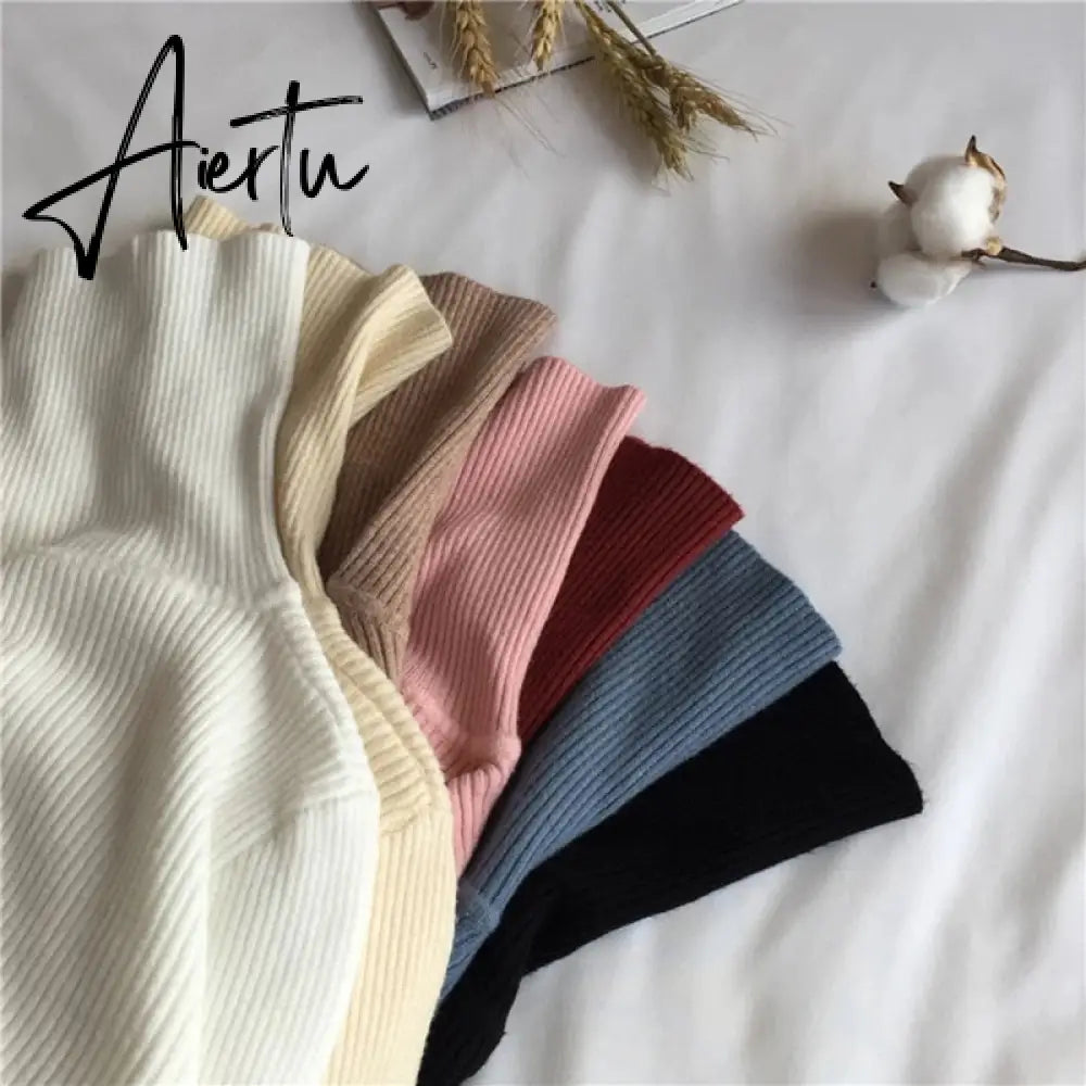 Simple Turtleneck Sweater Women Autumn Winter Casual Solid Color Slim Elastic Knit Pullover Female Soft Warm Jumper Basic Tops Aiertu