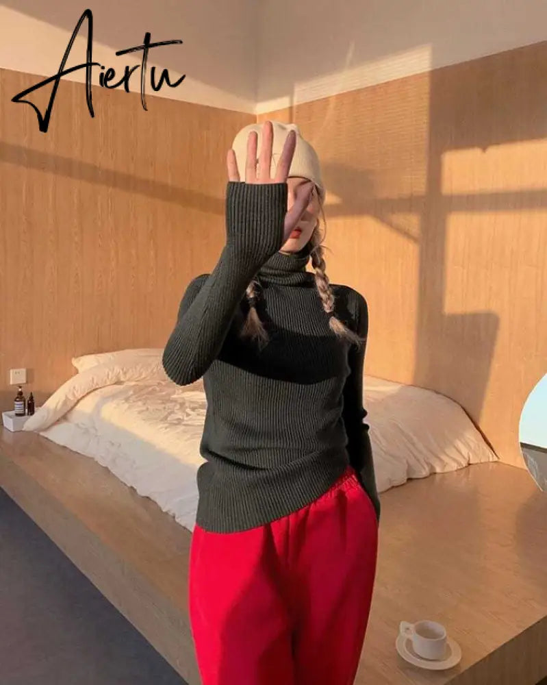 Simple Turtleneck Sweater Women Autumn Winter Casual Solid Color Slim Elastic Knit Pullover Female Soft Warm Jumper Basic Tops Aiertu