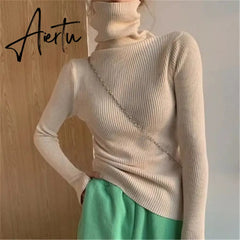 Simple Turtleneck Sweater Women Autumn Winter Casual Solid Color Slim Elastic Knit Pullover Female Soft Warm Jumper Basic Tops Aiertu