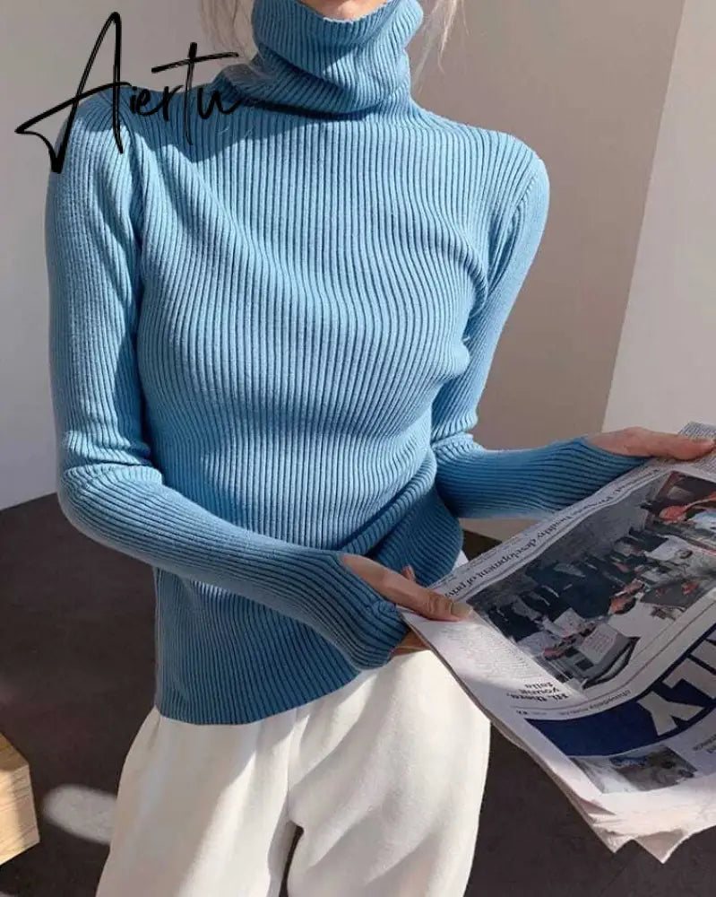 Simple Turtleneck Sweater Women Autumn Winter Casual Solid Color Slim Elastic Knit Pullover Female Soft Warm Jumper Basic Tops Aiertu