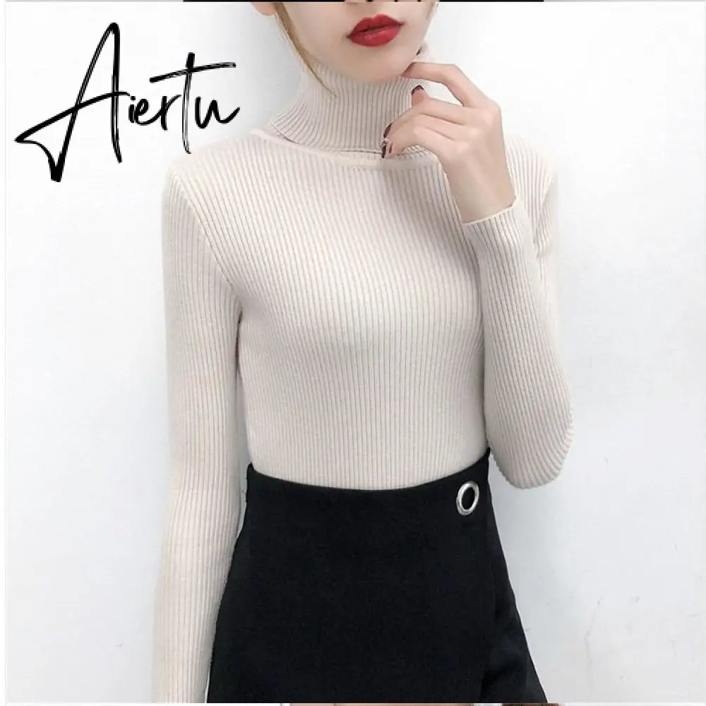 Simple Turtleneck Sweater Women Autumn Winter Casual Solid Color Slim Elastic Knit Pullover Female Soft Warm Jumper Basic Tops Aiertu